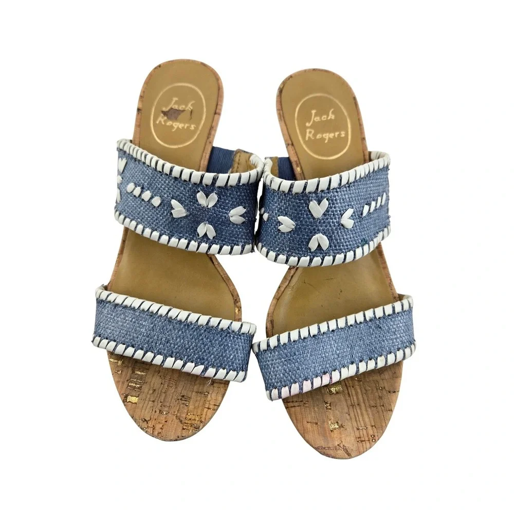 Jack Rogers Blue‎ Denim Whipstitch Cork Wedge Sandals Womens 7 M Floral Slides
